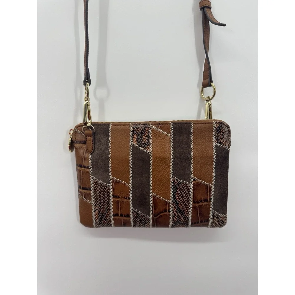 Genuine Leather Crossbody Bag Brown Medium Patchwork Snakeskin Boho Western
